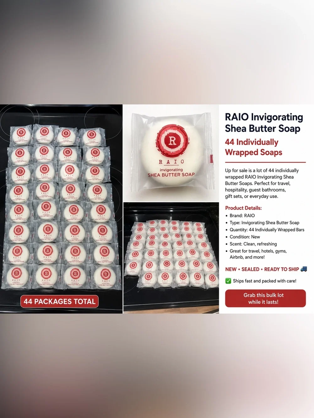 RAIO Invigorating Shea Butter Soap – 44 Individually Wrapped Bars – New